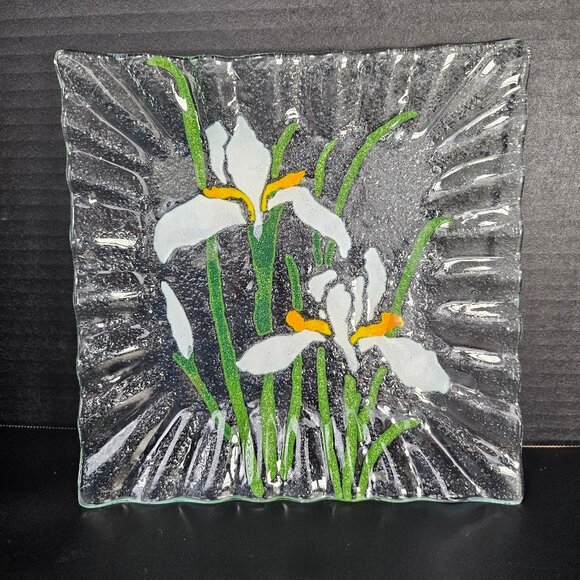 Vintage Square White Iris Signed Peggy Karr 1993 Art Glass Plate - Picture 1 of 10